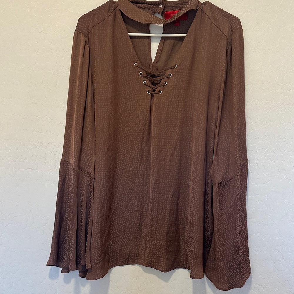 Jennifer Lopez Brown Lace-Up Blouse choker women’s size‎ XL western hippie